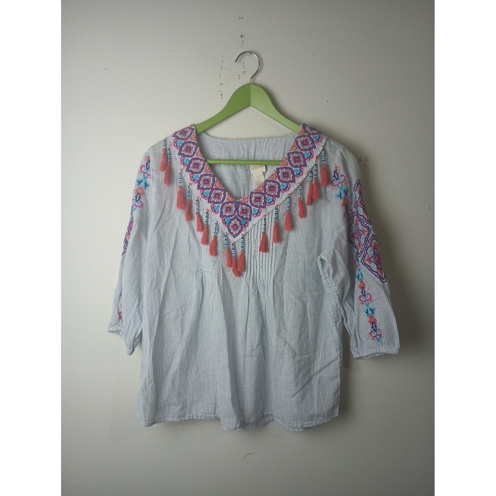 Chico's Petite Seersucker Embroidered Tassel Tunic Top Blue White Stripe‎ 1P